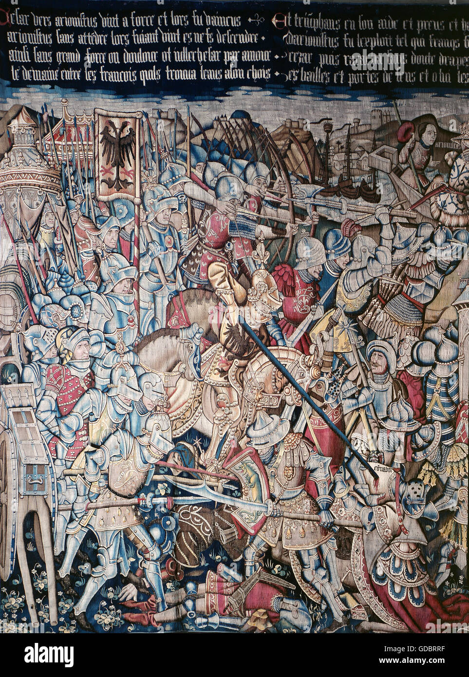 Cäsar, Caius Julius, 13.7.100 - 15.3.44 v. Chr., römischer Politiker, Diktator 49 und von 47, Kampf gegen die Briten an der englischen Küste, Wandteppich, Detail, Tournai, ca. 1465 - 1470, historisches Museum, Basel, Stockfoto