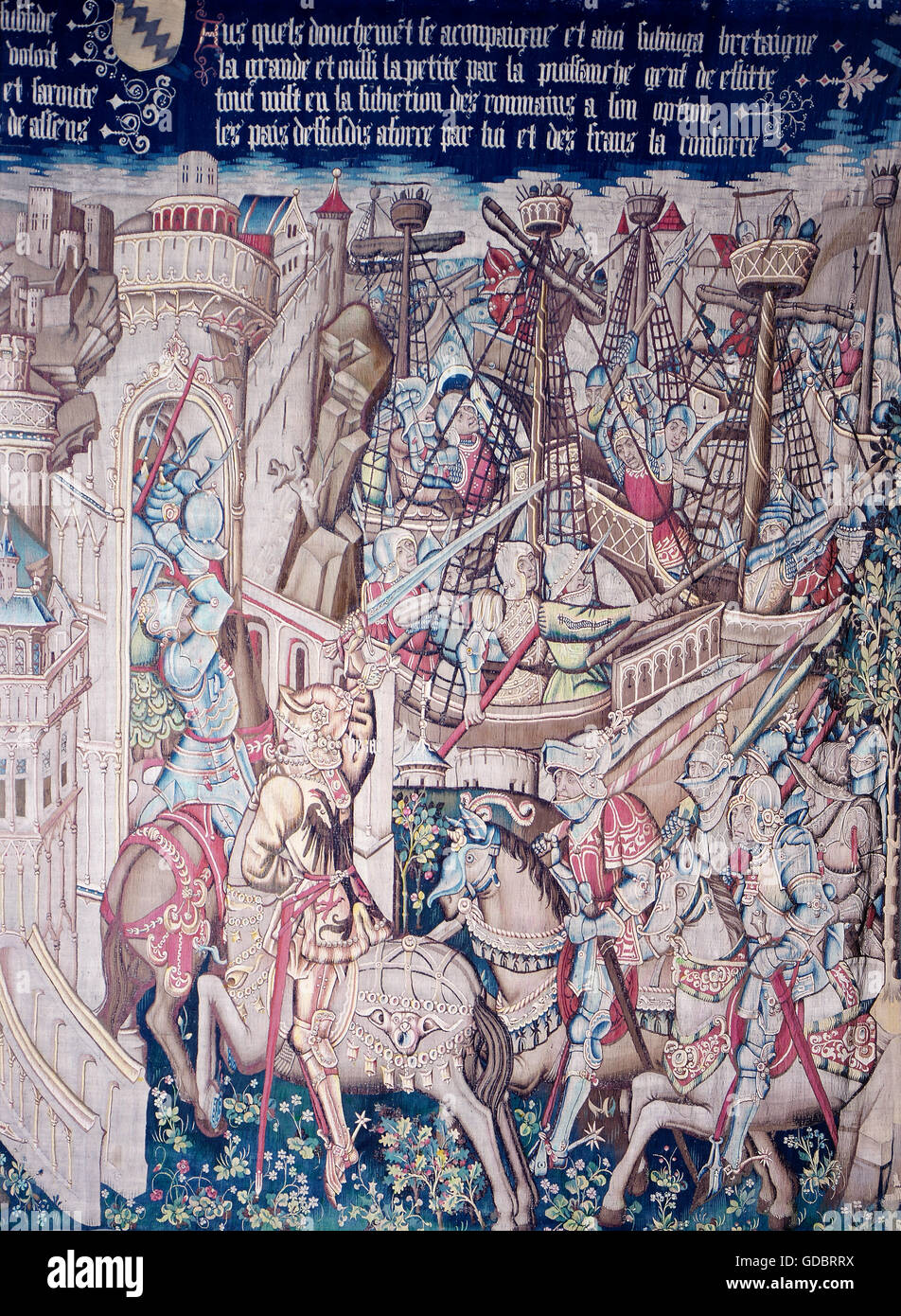 Cäsar, Caius Julius, 13.7.100 - 15.3.44 v. Chr., römischer Politiker, Diktator 49 und von 47, Seeschlacht gegen die Kelten, Wandteppich, Detail, Tournai, ca. 1465 - 1470, historisches Museum, Basel, Stockfoto