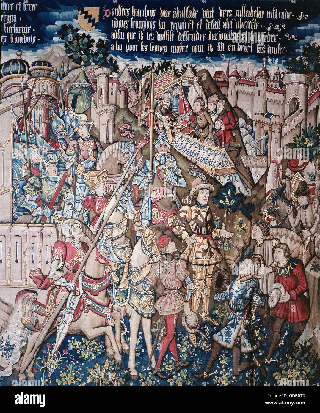 Cäsar, Caius Julius, 13.7.100 - 15.3.44 v. Chr., römischer Politiker, Diktator 49 und ab 47, Empfang von Diviciacus und Gesandten der Sequani, die um Hilfe gegen Ariovistus, Tapisserie, Detail, Tournai, ca. 1465 - 1470, historisches Museum, Basel, Stockfoto