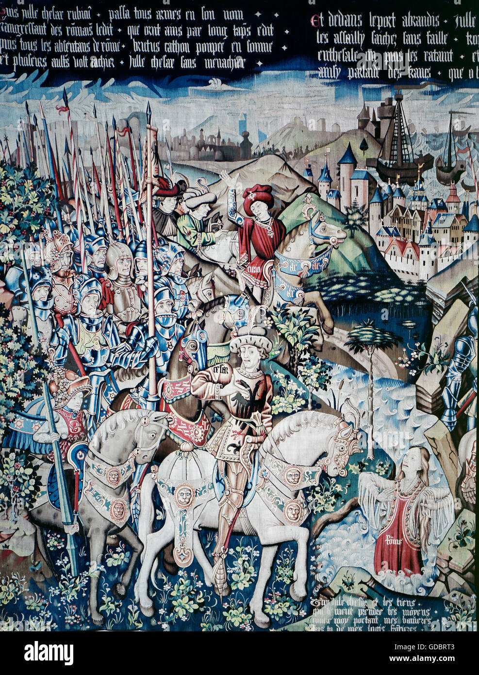 Cäsar, Caius Julius, 13.7.100 - 15.3.44 v. Chr., römischer Politiker, Diktator 49 und ab 47, vor dem Bürgerkrieg der Gottheit Roma gewarnt, bevor er Rubicon, Wandteppich, Detail, Tournai, ca. 1465 - 1470, historisches Museum, Basel, Stockfoto