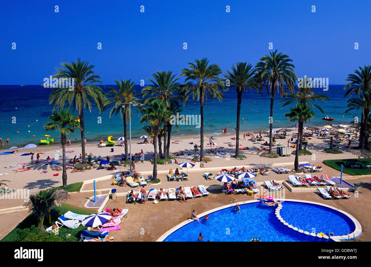 Playa Vermietungsbüros Bossa, Ibiza, Balearen, Spanien Stockfoto