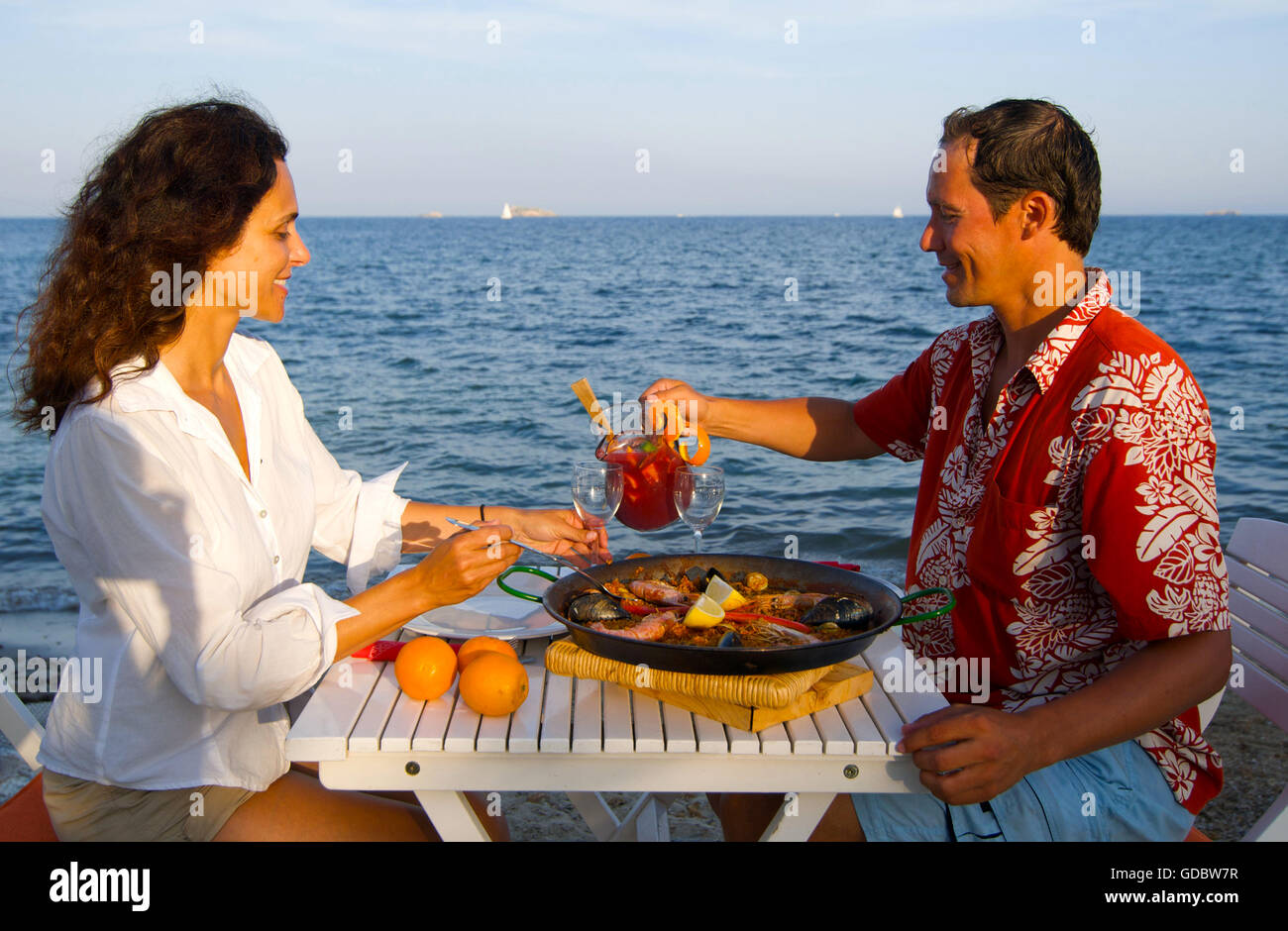 Restaurant an der Playa d? En Bossa, Ibiza, Balearen, Spanien Stockfoto