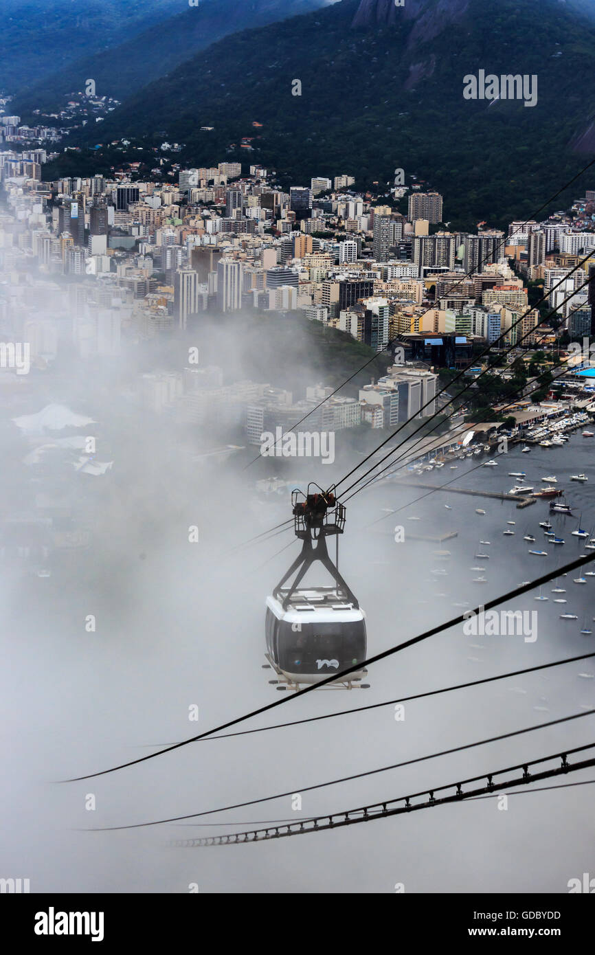 Seilbahn auf die Spitze der Zuckerhut und Panorama der Stadt von Rio De Janeiro Stockfoto