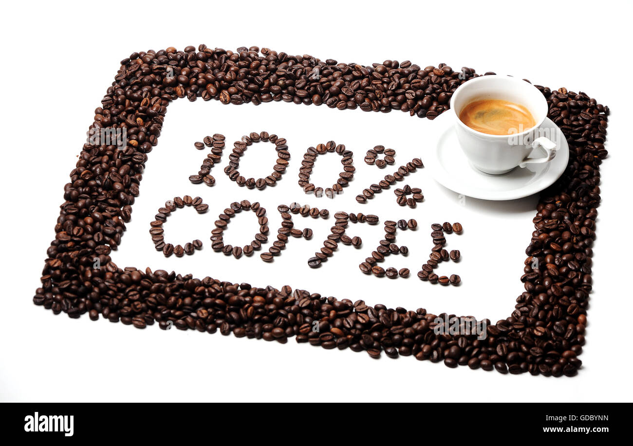 100 % Kaffee Text gab der Kaffeebohnen Stockfoto
