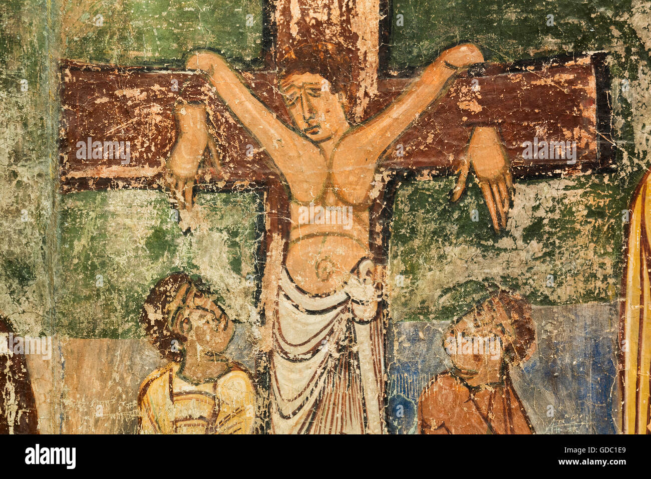 Jaca, Provinz Huesca, Aragon, Spanien.  Diözesan Museum Jaca (Museo Diocesano de Jaca).  Detail von der Kreuzigungsszene. Stockfoto