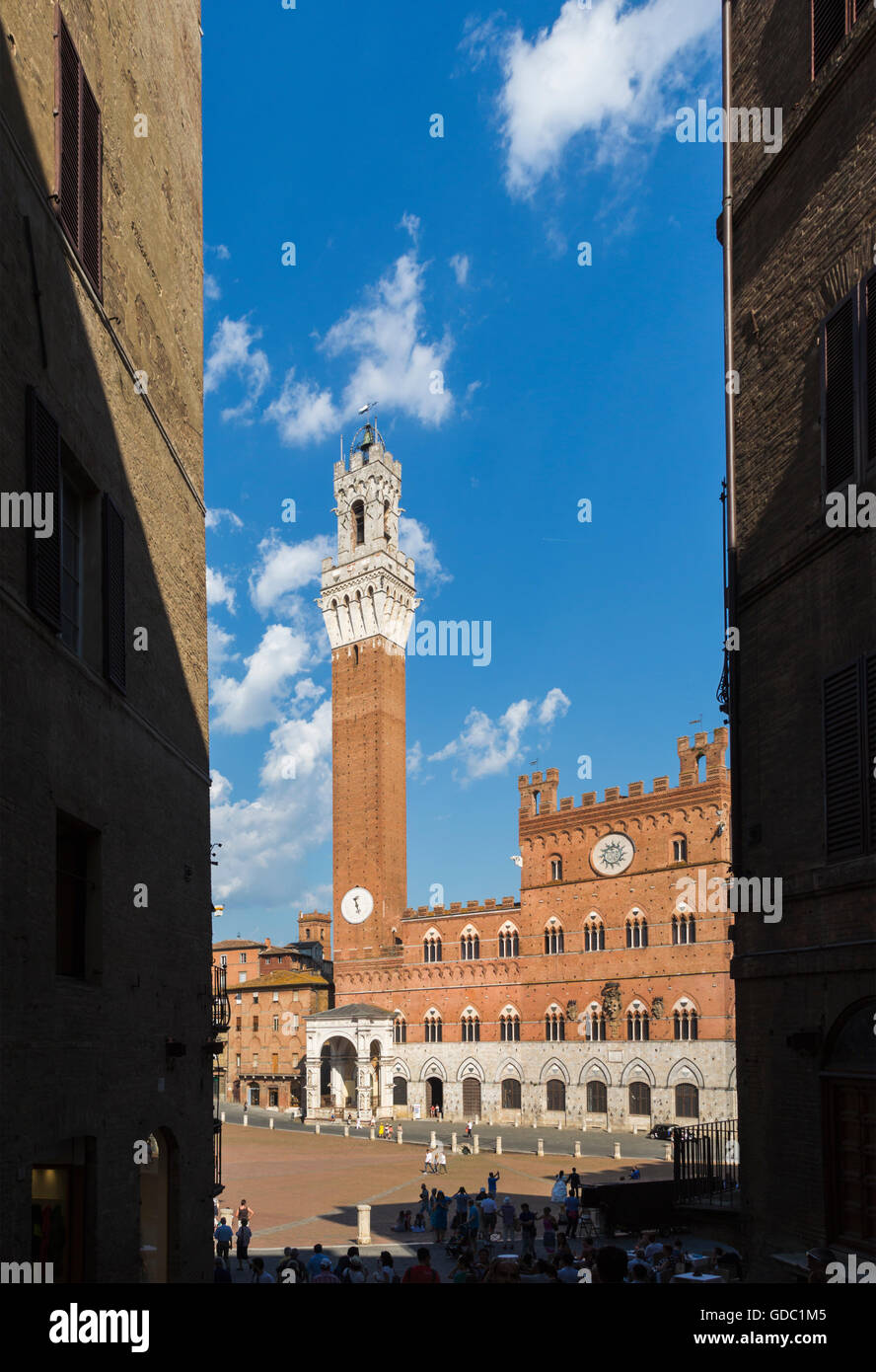 Siena, Provinz Siena, Toskana, Italien.  Piazza del Campo und Torre del Mangia Stockfoto