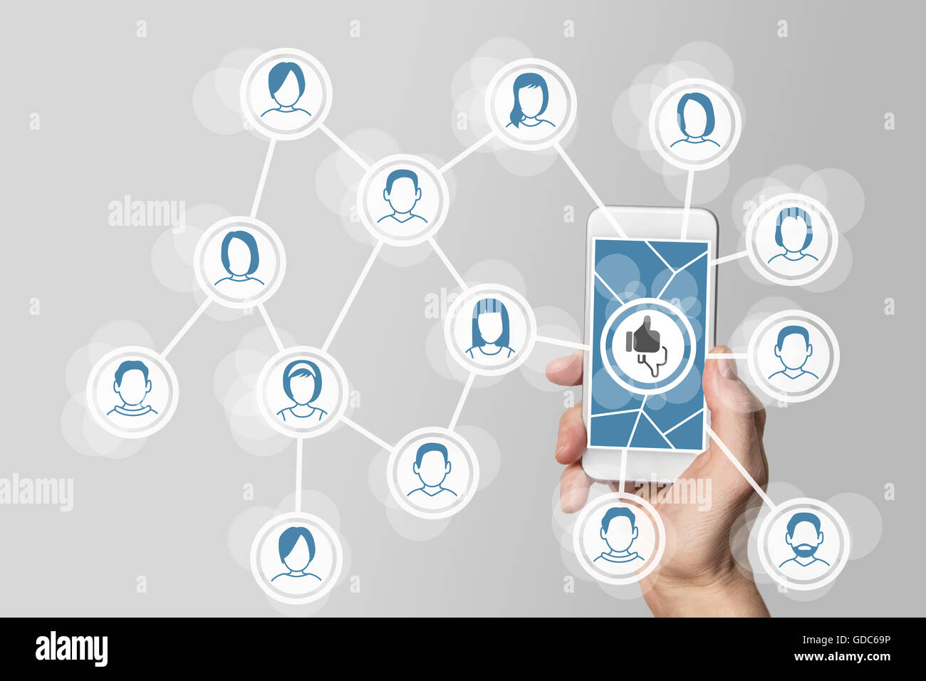 Sozialen und mobilen Netzwerken Konzept mit Hand smartphone Stockfoto