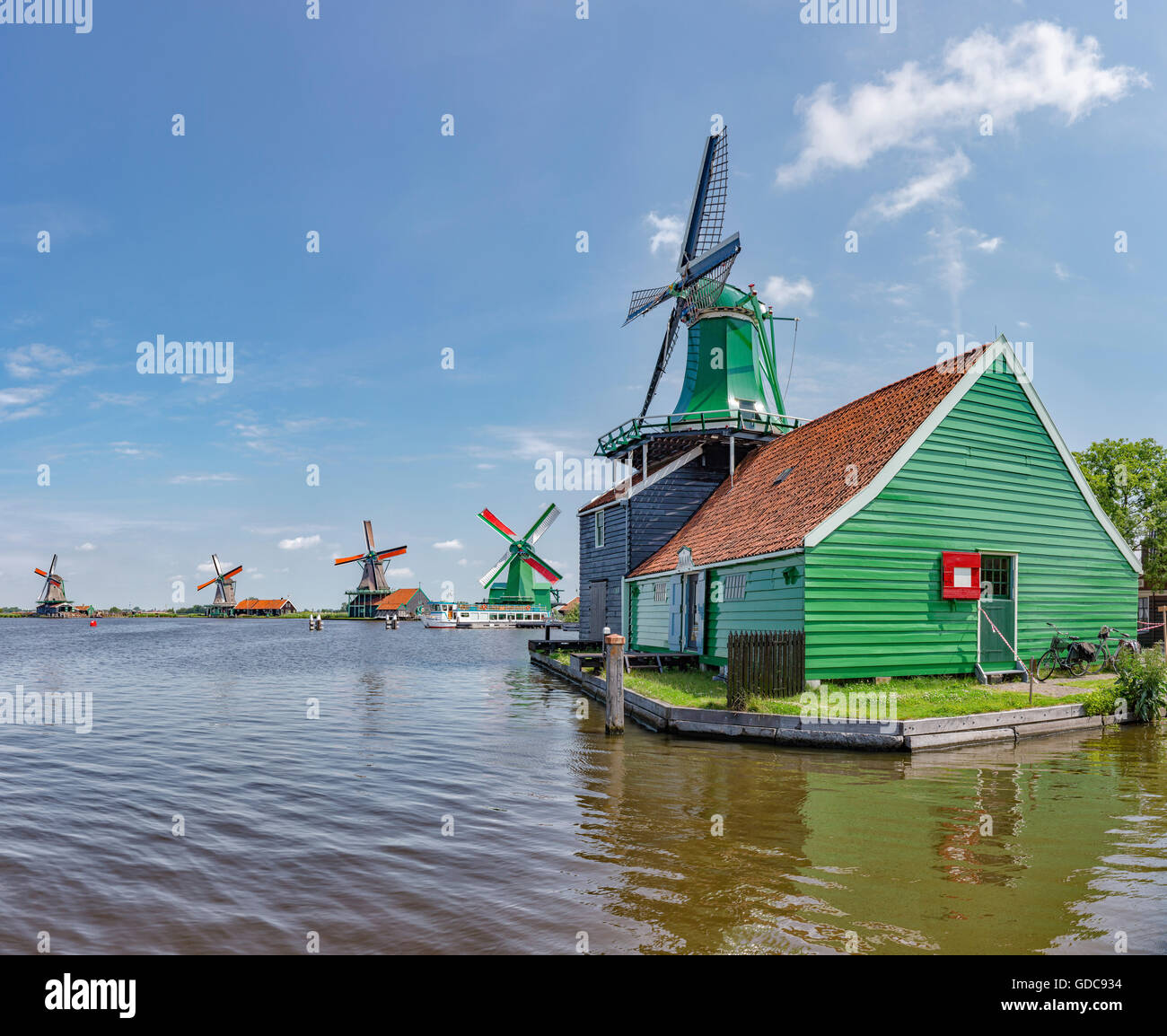 Zaandam, Noord-Holland, Windmühlen Zaanse Schans: (vorne) De Huisman, De Poelenburg, De Kat, De Zoeker, Het Jonge Schaap (zurück) Stockfoto