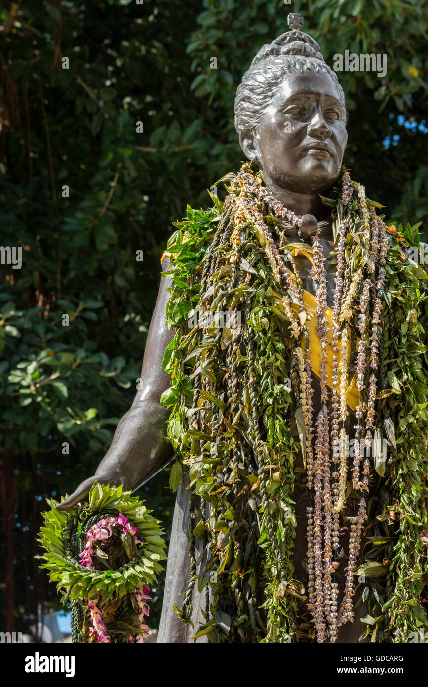 USA, Hawaii, Oahu, Honolulu, diese sechs-Fuss-Statue von hawaiische Königin Liliuokalani liegt im Zentrum von Honolulu zwischen der Sta Stockfoto