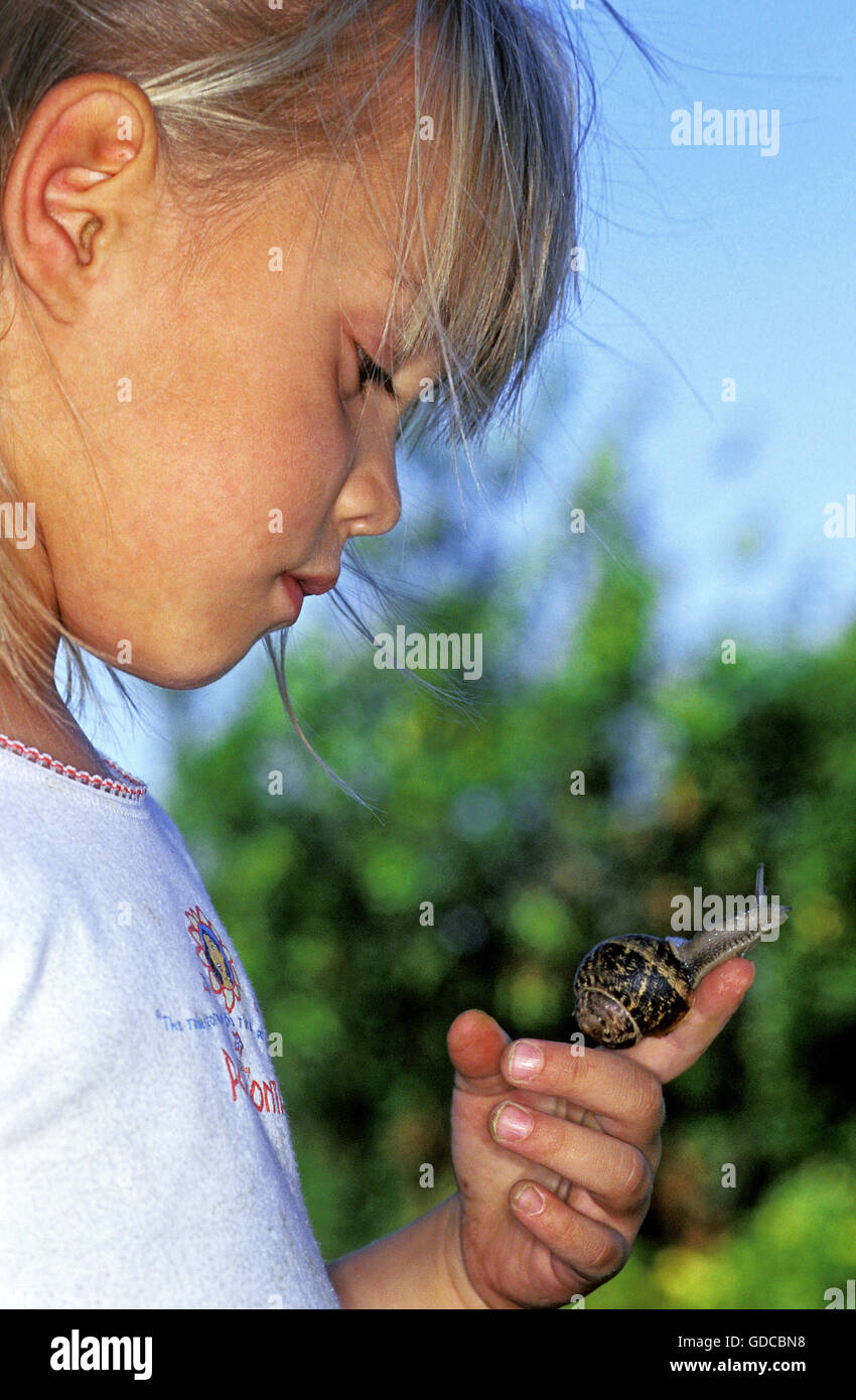 Mädchen mit braunen Garten Schnecke Helix Aspersa am Finger Stockfoto