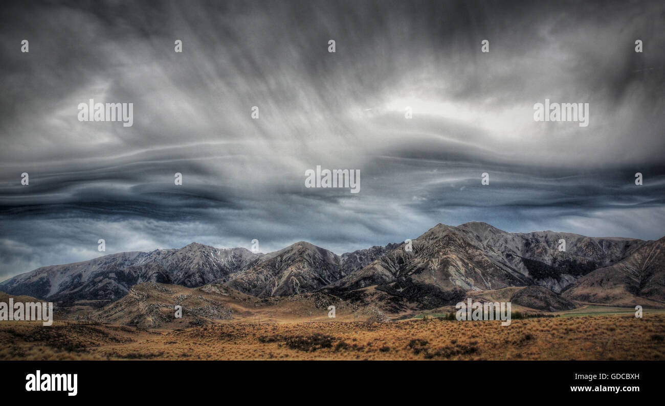 Neuseeland, Berge, Wüste, Wolken, Stormy, Sturm, mystisch, Stimmung, Südinsel, Wharakiri, Stockfoto