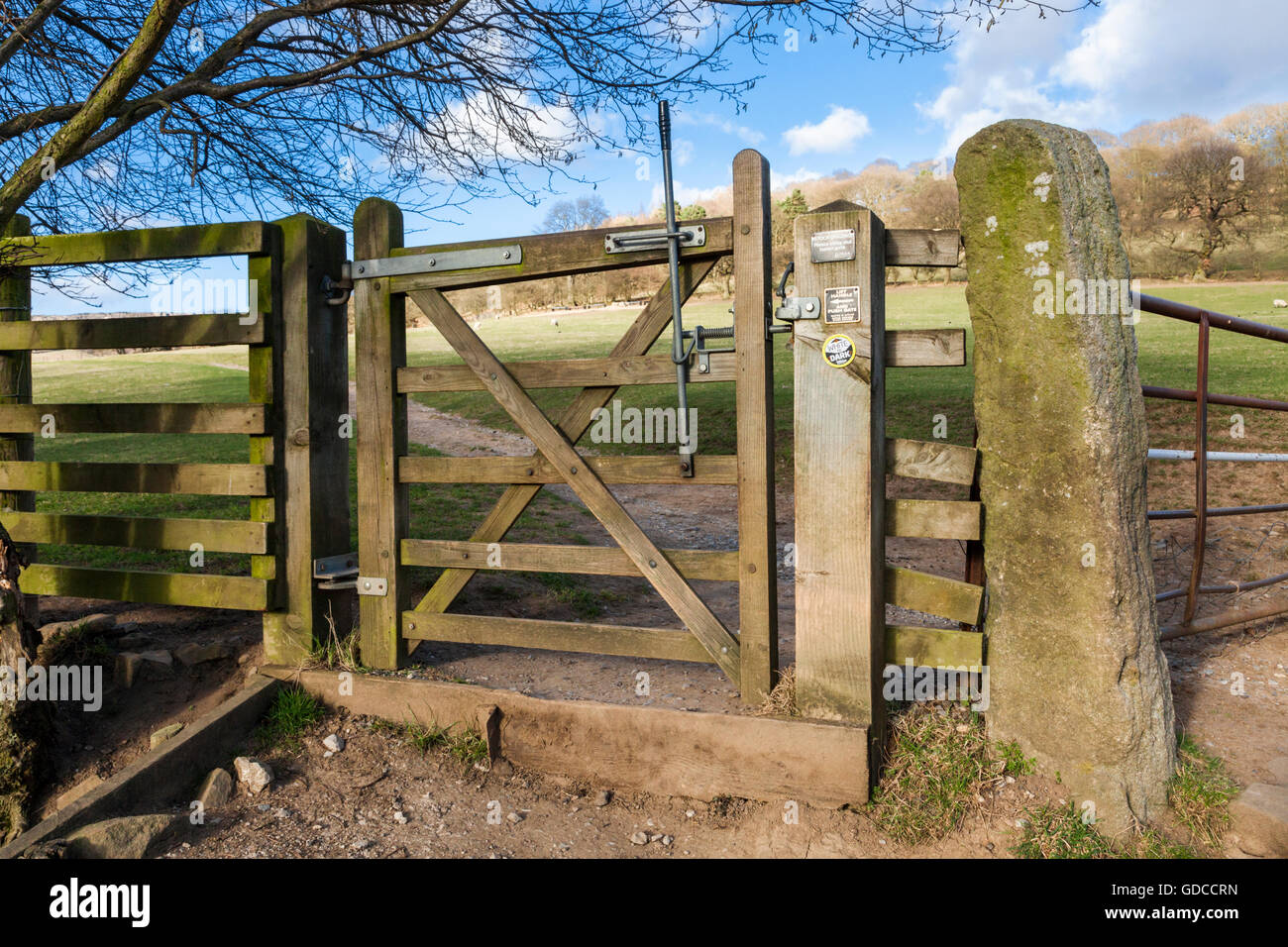 Fünf Bar hölzerne Tor auf einem öffentlichen Fußweg von Wanderern Kreuzung Ackerland in Derbyshire, Peak District, England, Großbritannien Stockfoto