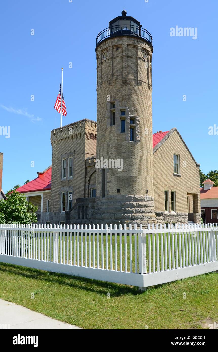 Alten Mackinac Point Lighthouse in Mackinaw City Michigan am Lake Huron Stockfoto