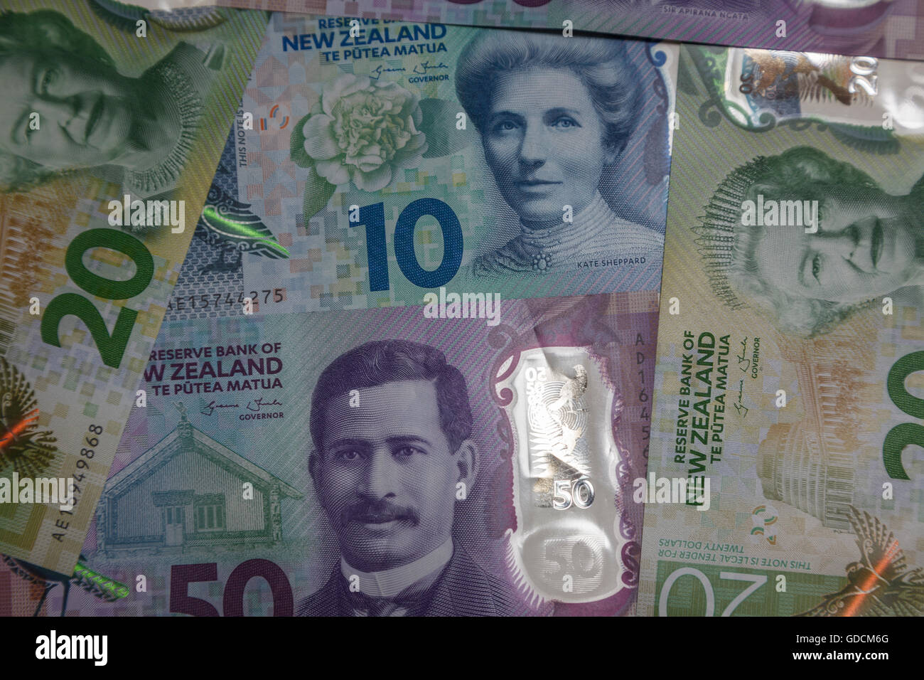 Neue zweite Generation Plastikpolymer New Zealand $50 $10 $20 Kiwi-Dollar-Banknoten Stockfoto