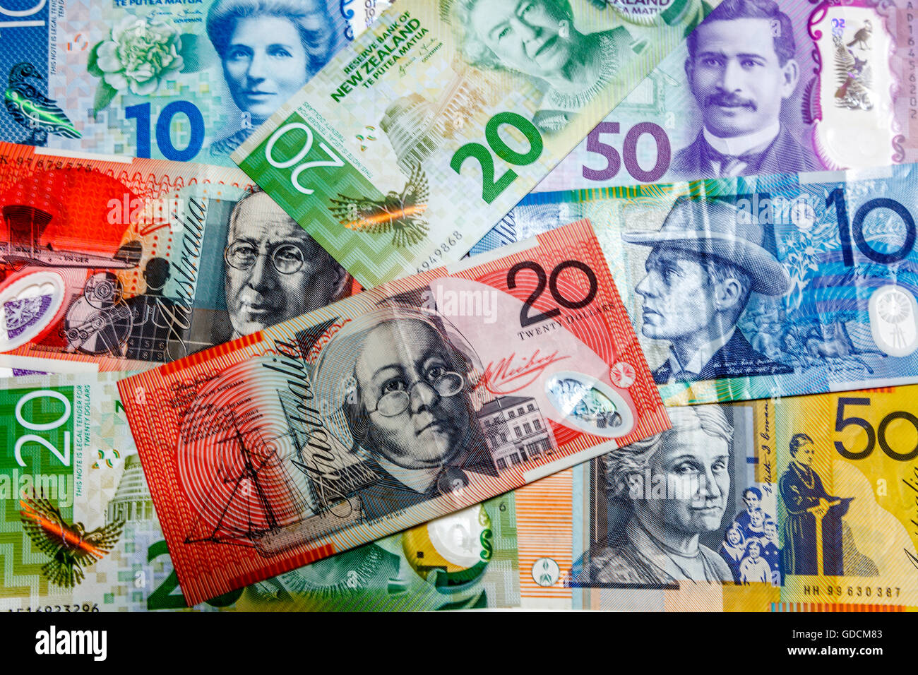 Neue zweite Generation Plastikpolymer New Zealand $50 $10 $20 Kiwi-Dollar-Banknoten und australische Banknoten Stockfoto