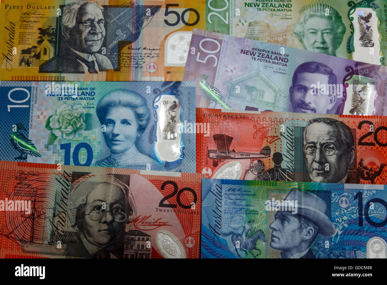 Neue zweite Generation Plastikpolymer New Zealand $50 $10 $20 Kiwi-Dollar-Banknoten und australische Banknoten Stockfoto