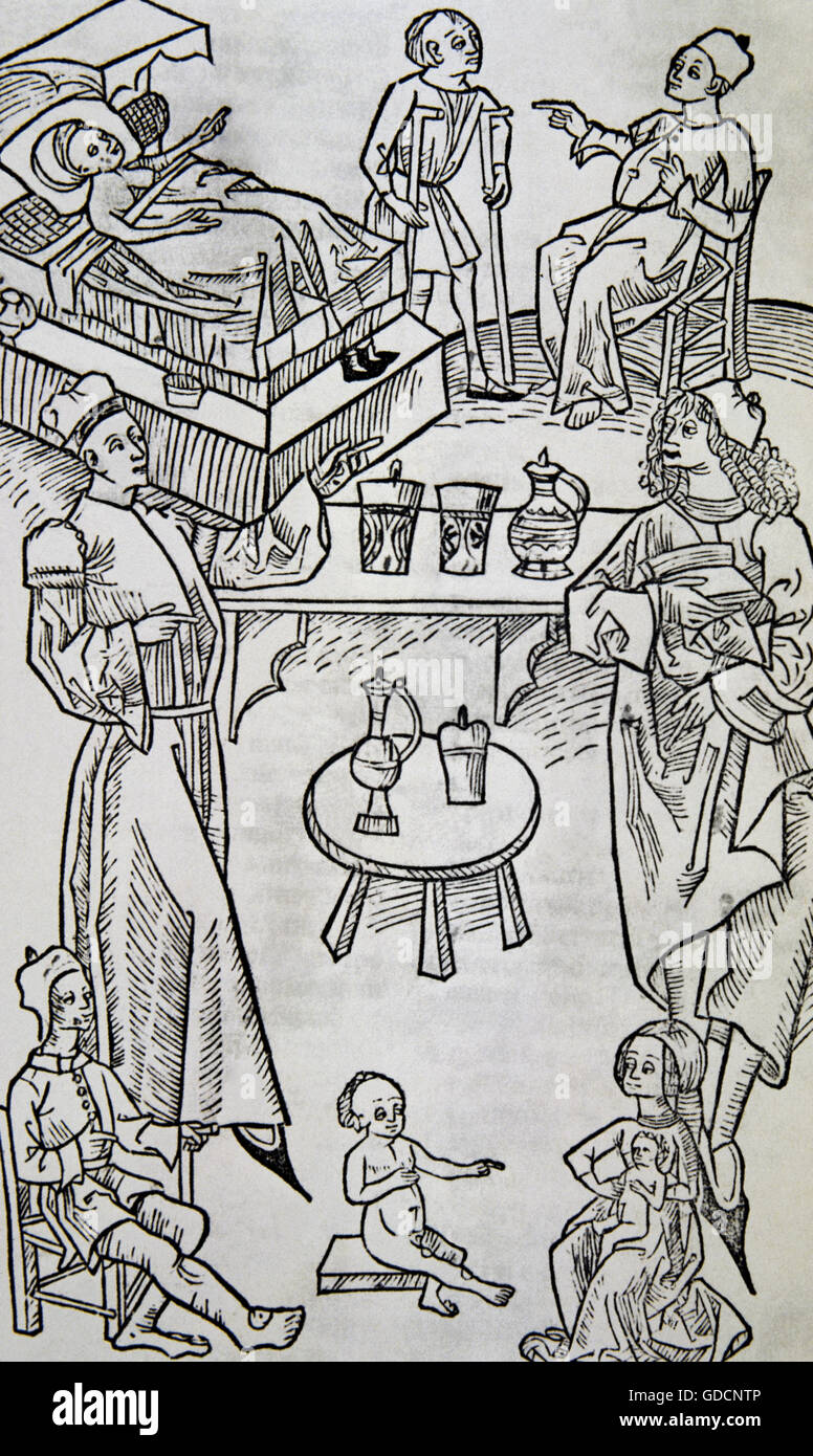 Medizin. Ärzte, die Patienten besuchen. 15. Jahrhundert. Holzschnitt in "Hortus Sanitatis" von Johannes de Cuba (1430-1503). Stockfoto