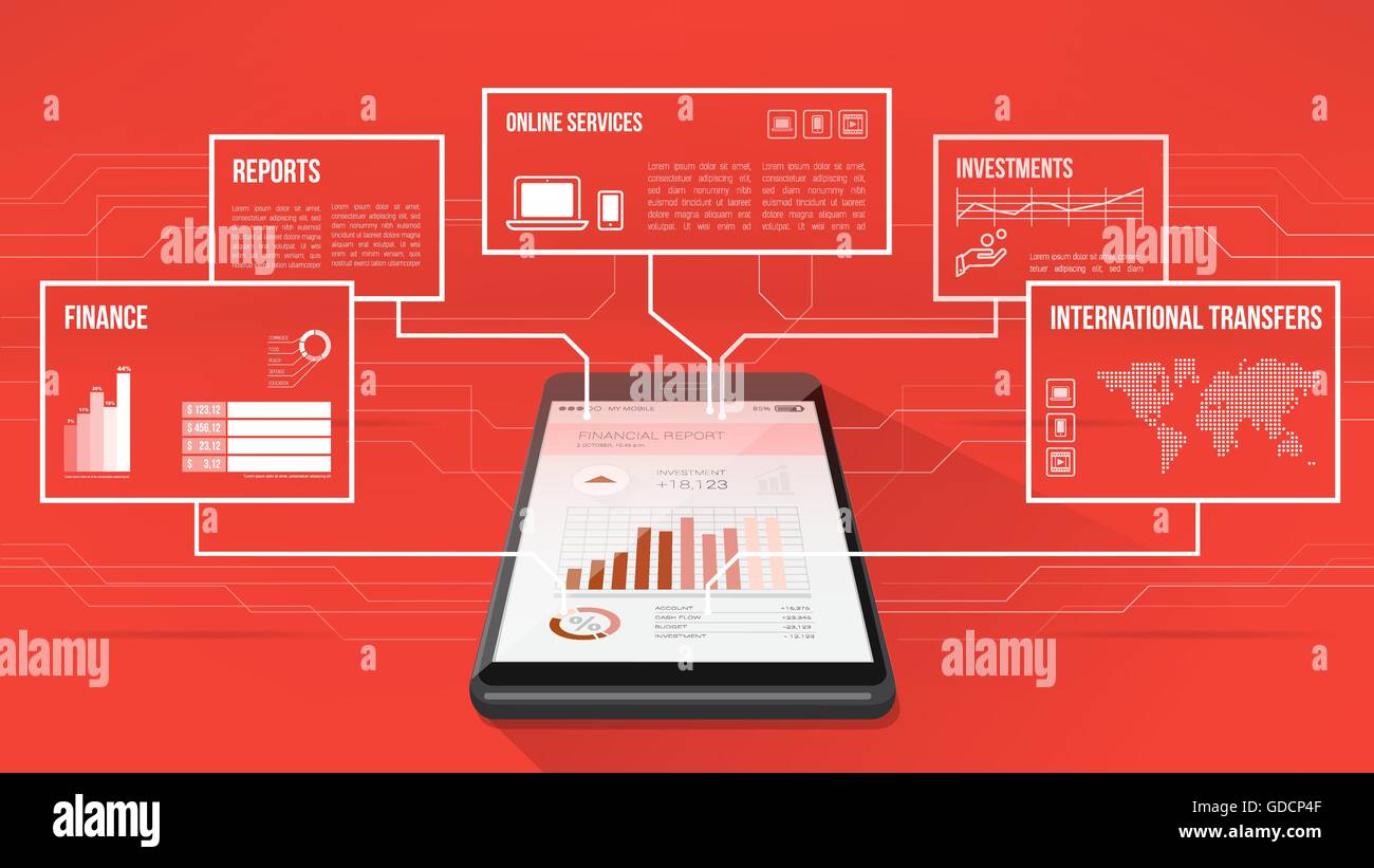 Smartphone mit Web- und finanzielle Daten-Frames an der Spitze Stock Vektor
