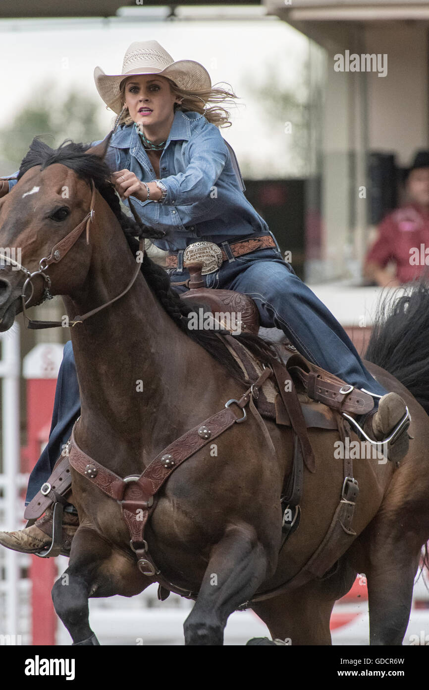 Damen Barrel Racing bei der Calgary Stampede Stockfoto