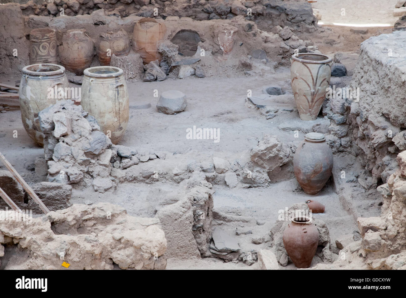 Akrotiri archäologische Ausgrabungsstätte des minoischen Bronzezeit Siedlung, Santorini, Griechenland Stockfoto