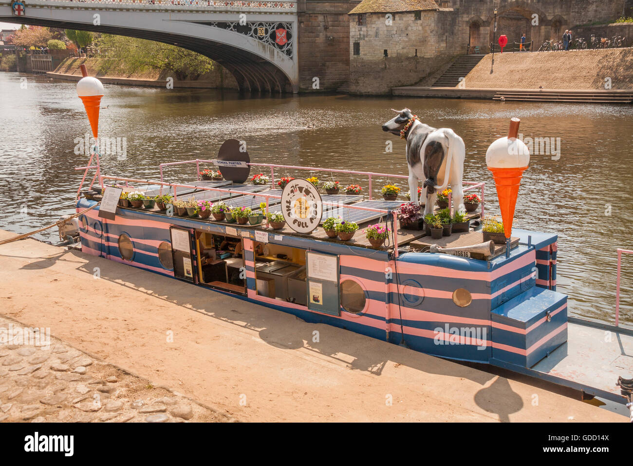 Das vollständige Moo Eis Boot vertäut am Ufer des Flusses Ouse in York Stockfoto