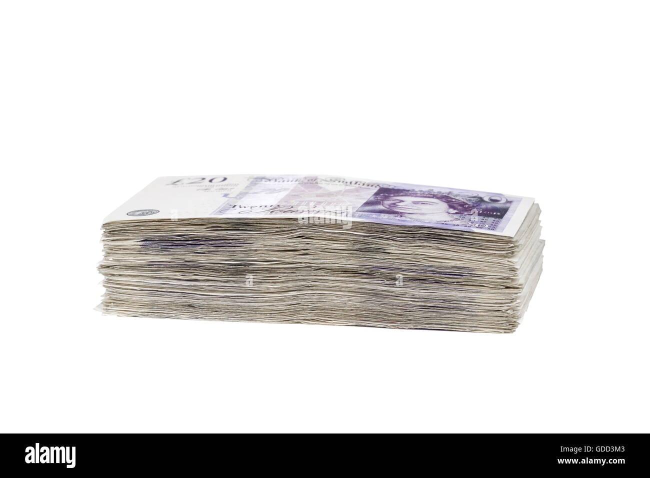 Haufen von britischen 20-Pfund-Banknoten Stockfoto