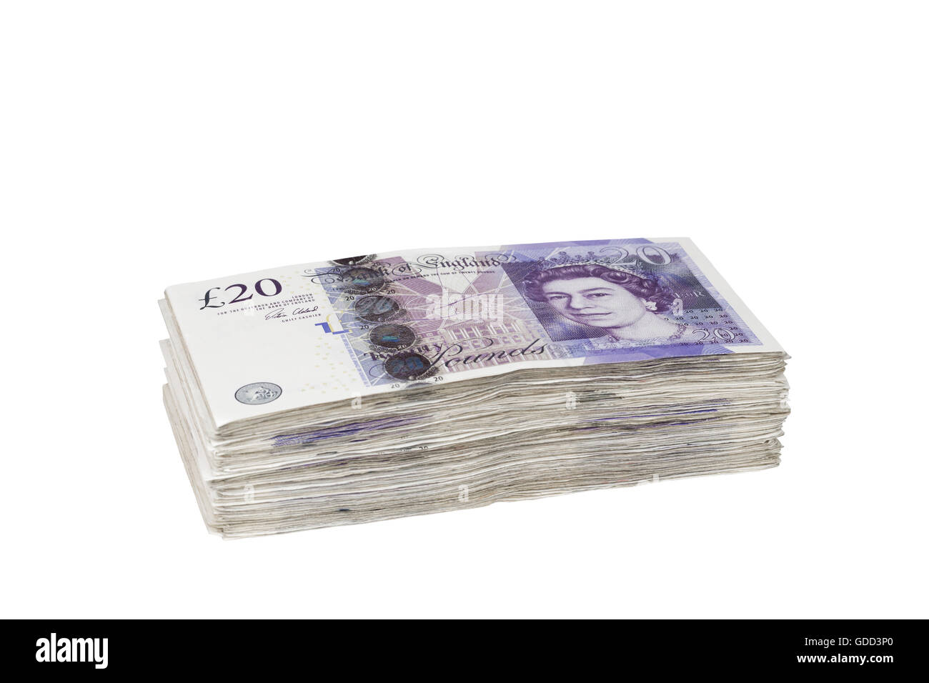 Haufen von britischen 20-Pfund-Banknoten Stockfoto