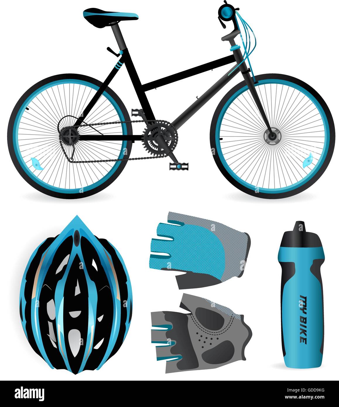 Fahrrad oder Fahrrad-Zubehör. Helm, Handschuhe und Wasserflasche Stock Vektor
