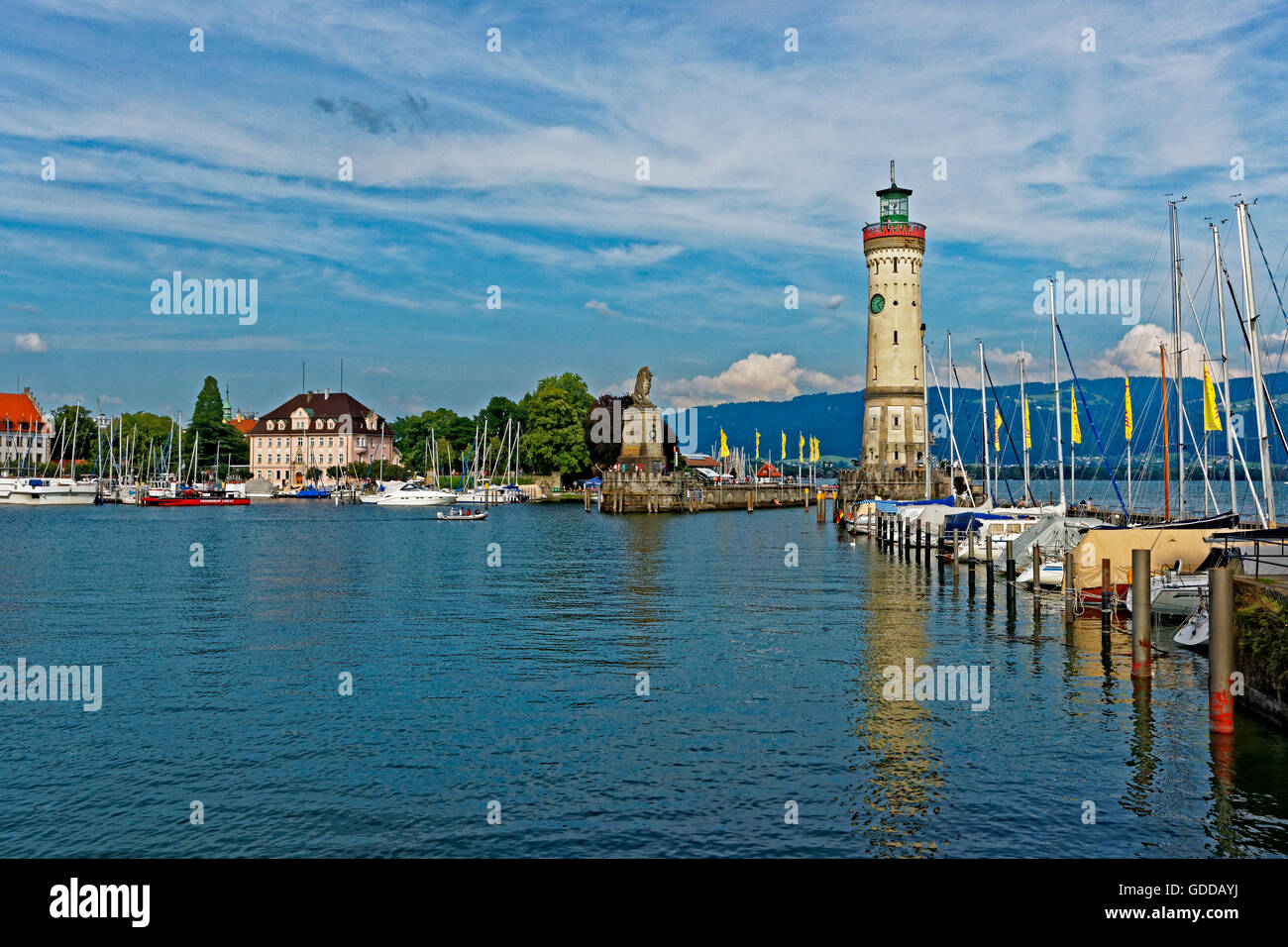 Port-Eingang, Leuchtturm, Löwe, Bodensee, Bodensee, Stockfoto