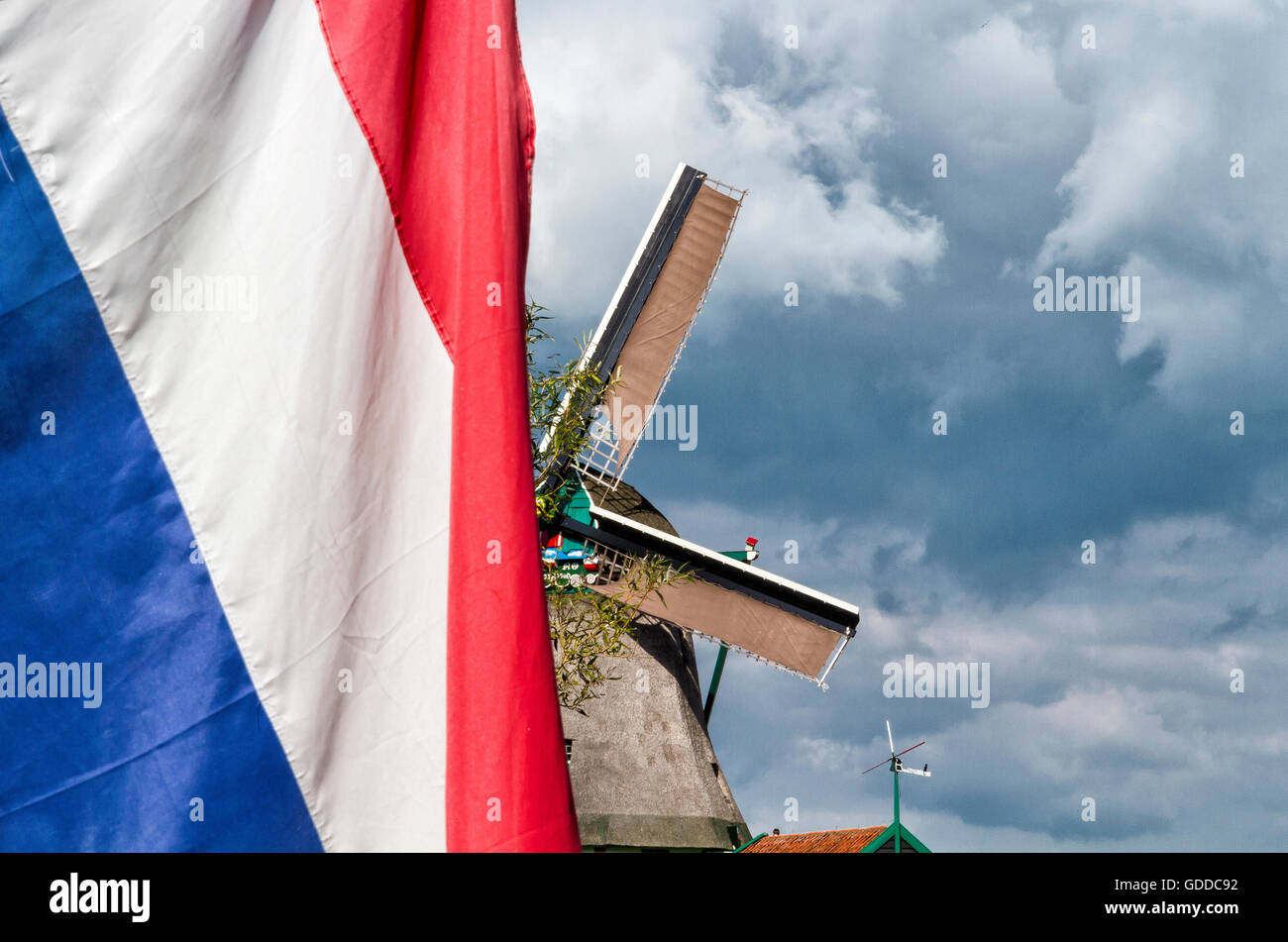 Niederländische Flagge mit Windmühle Stockfoto