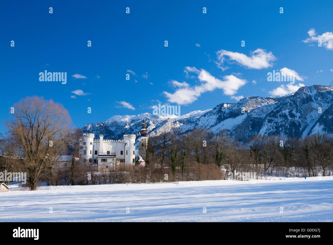 Schloss Marzoll, winter, mit Untersberg im Hintergrund, bayerische Küche, Stockfoto