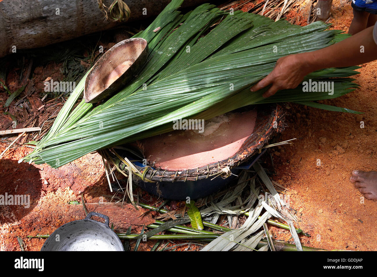 Gemacht von Frau Warao Indios im Orinoco Delta, Venezuela, Blätter von Palme, Mauritia Flexulosa Korb Stockfoto