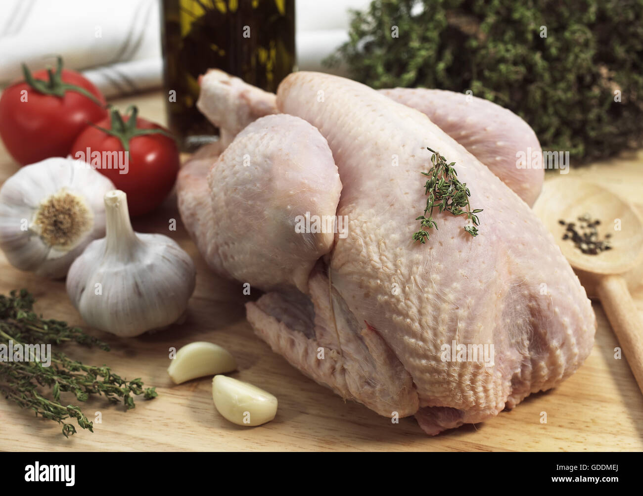 Hähnchen mit Knoblauch, Thymian und Tomaten gekocht werden bereit Stockfoto