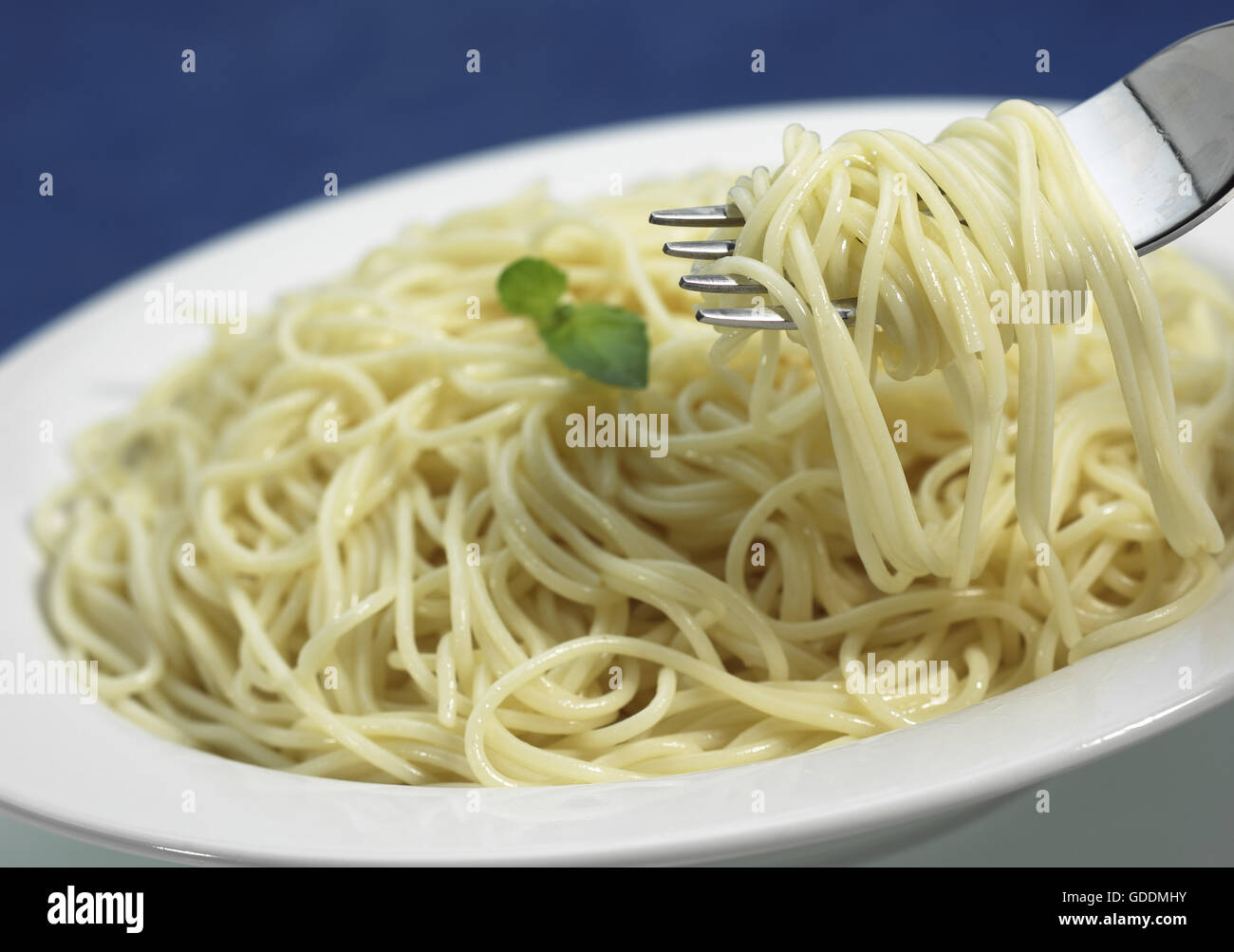 Spaghetti Nudeln mit Basilikum Stockfoto