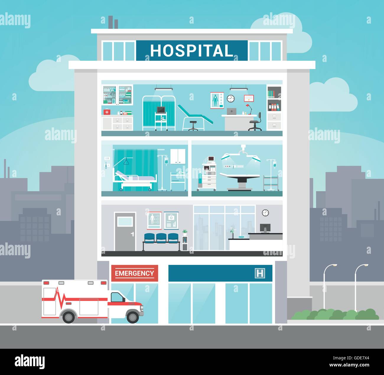 Klinikgebäude mit Abteilungen, Büros, OP-Saal, Ward, Wartezimmer und Rezeption, medizinisches Konzept Stock Vektor