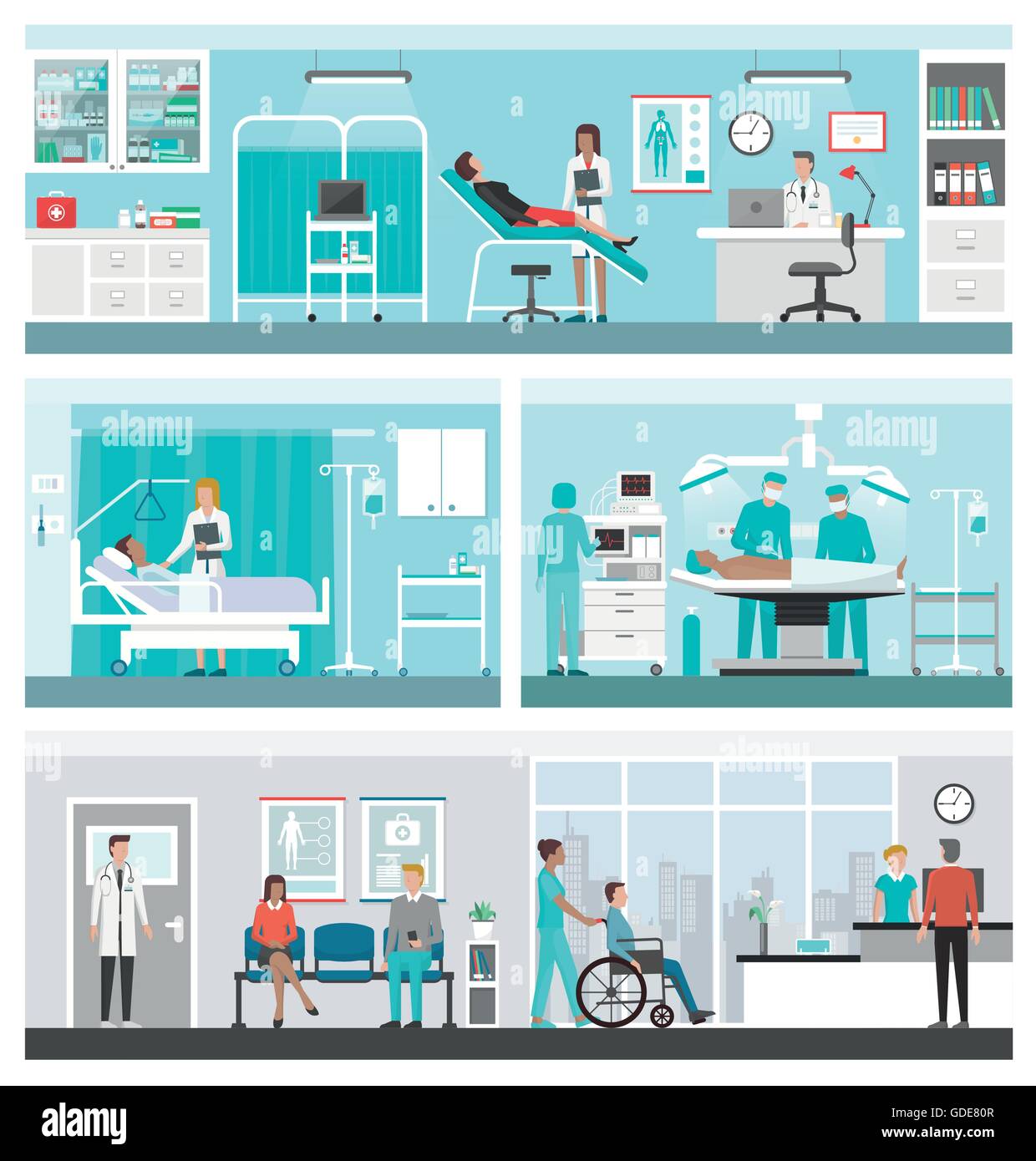 Krankenhaus- und Gesundheitssektor banner-Set: Ärzte arbeiten im Büro, Gemeinde, Chirurgie, Rezeption und Patienten warten auf dem Flur Stock Vektor