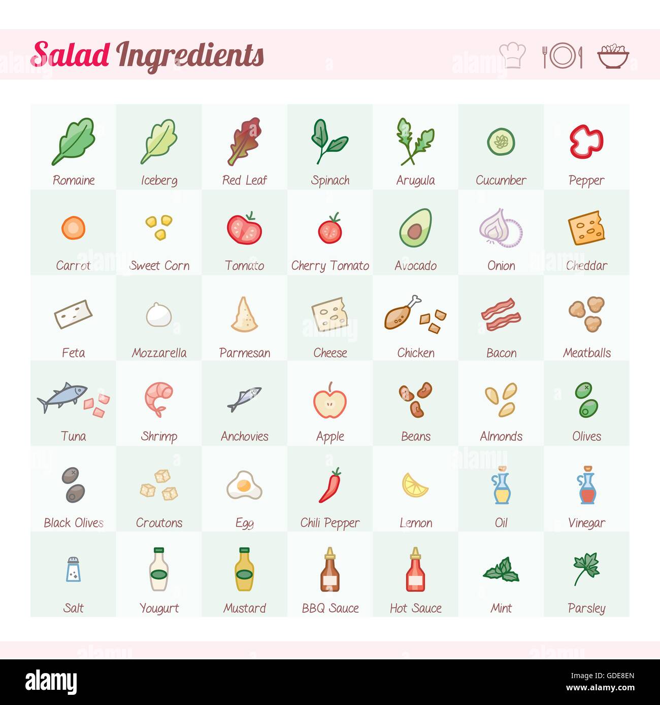 Salat Rezept Zutaten Vektor-Icons set mit text Stock Vektor