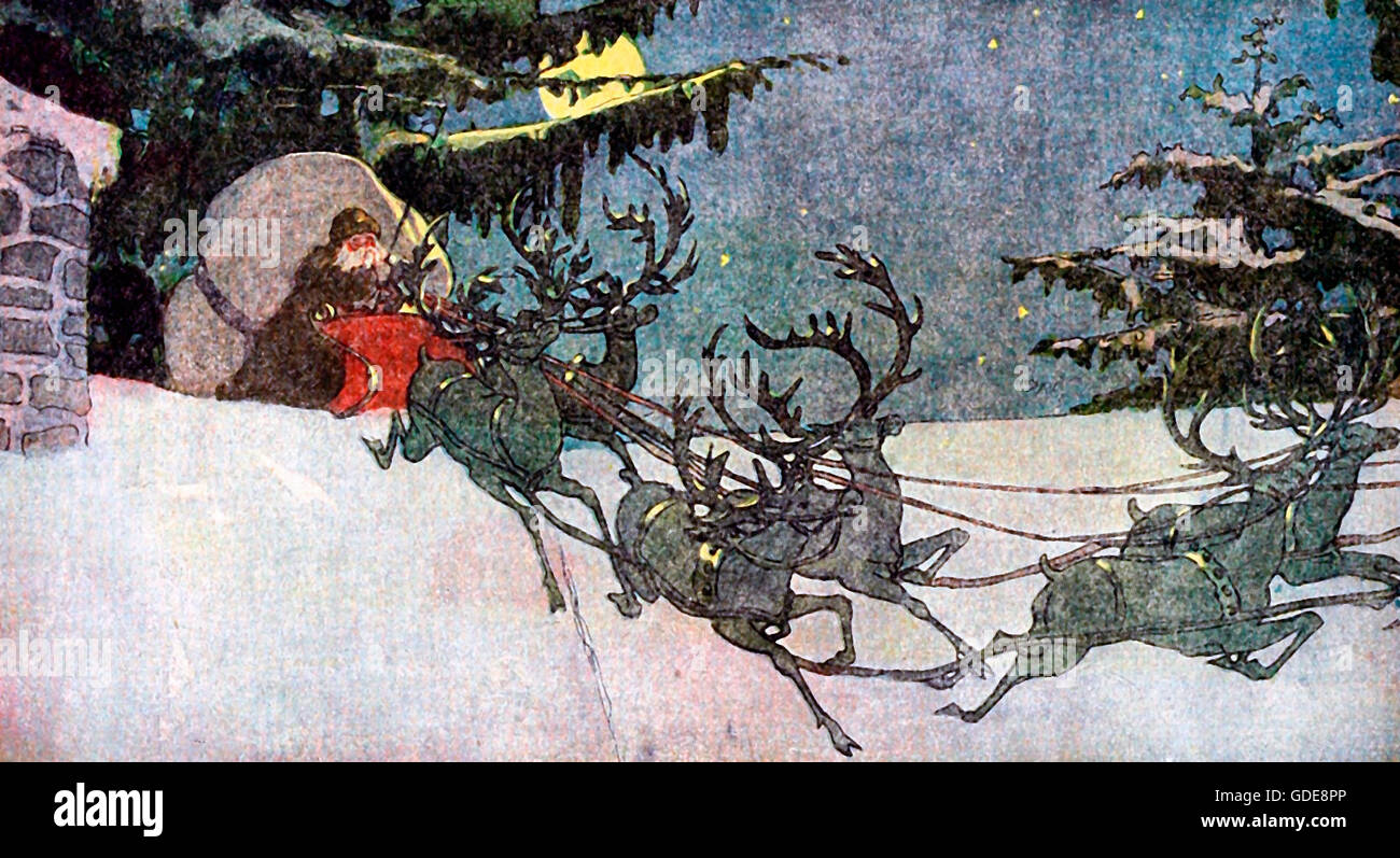 Weihnachtsmann mit Rentier, die Landung auf dem Dach des Hauses Stockfoto
