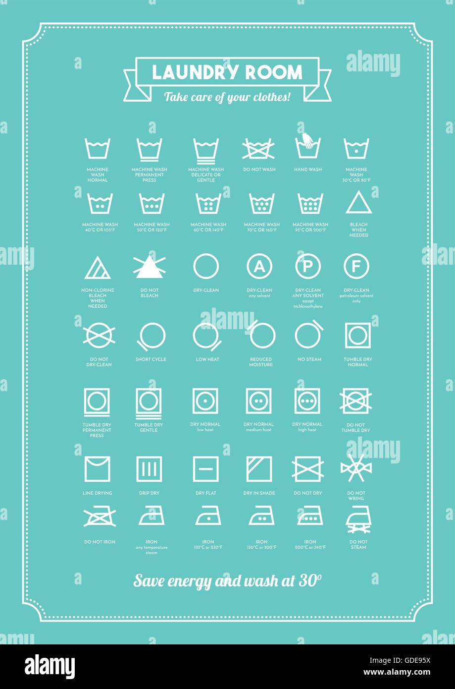 Wäsche und waschen Kleidung Symbole mit Texten poster Stock Vektor