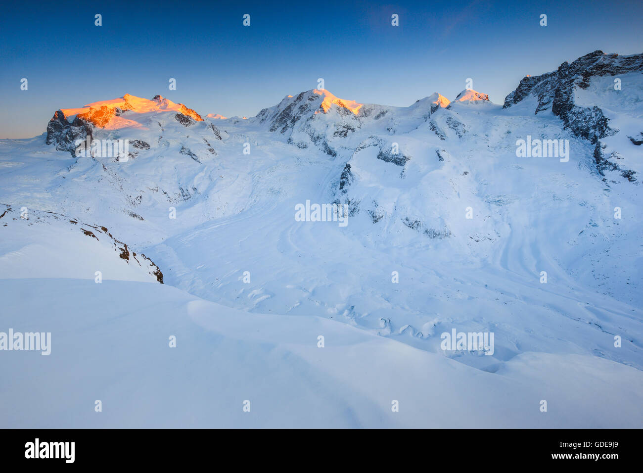 Monte Rosa - 4633 ms, Dufourspitze - 4634 ms, Liskamm - 4527 ms, Wallis, Schweiz Stockfoto