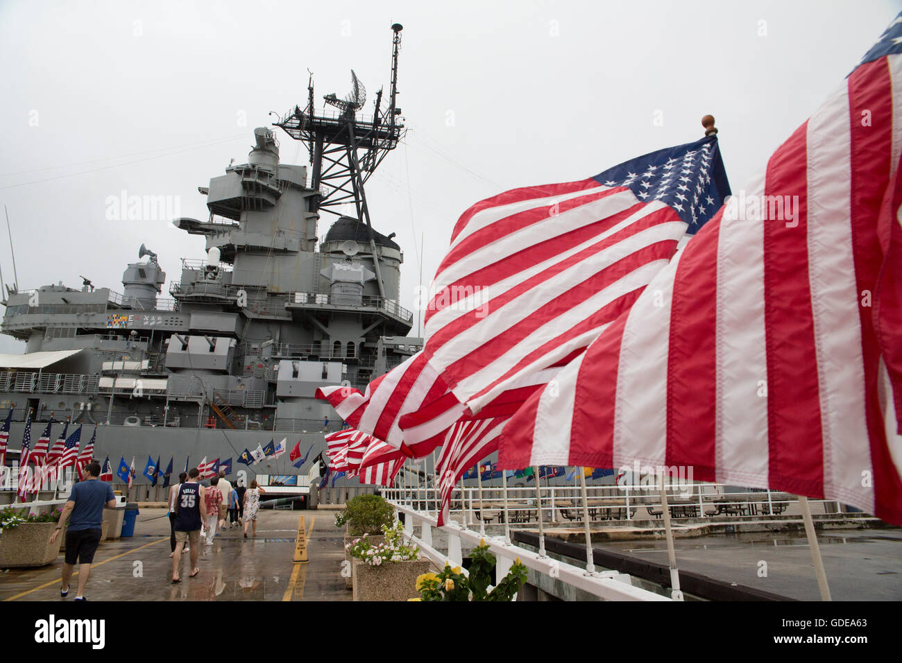 Honolulu, Oahu, Kriegsschiff Missouri Kriegsschiff, Pearl Harbor, Denkmal, World war II, USA, Hawaii, Amerika, USA, Flagge, Banner, Stockfoto