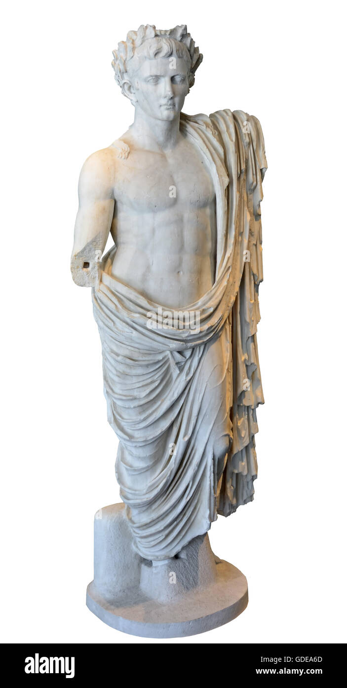 Antike romische Skulptur von Julius Caesar tragen die Oak Leaf Clusters und Toga uber seine Huften geworfen. Isoliert gegen eine weiBe Stockfotografie Alamy