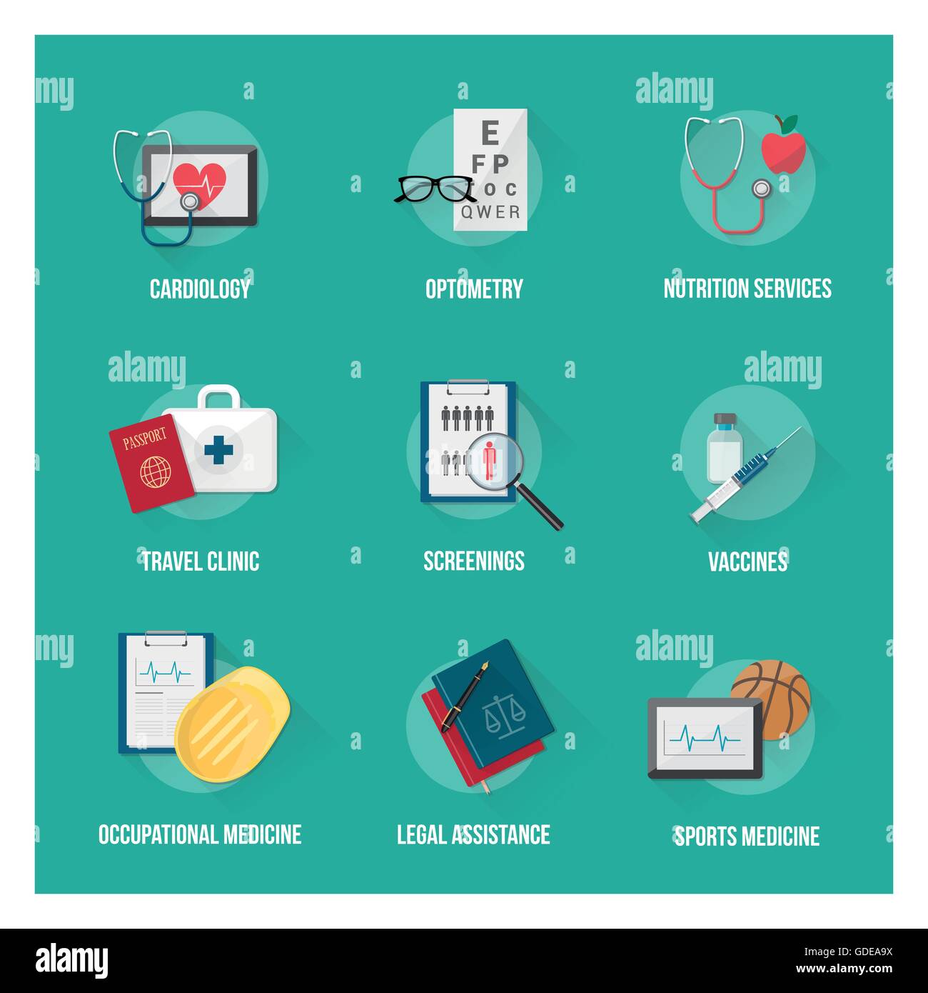 Medizinische Versorgung und Gesundheit Patientenversorgung flach Icons set mit Objekten Stock Vektor