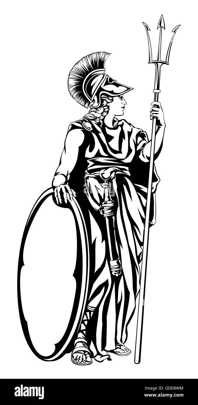 Eine Darstellung der mythologischen griechischen Göttin Athene mit Trident Speer und Schild Stockfoto