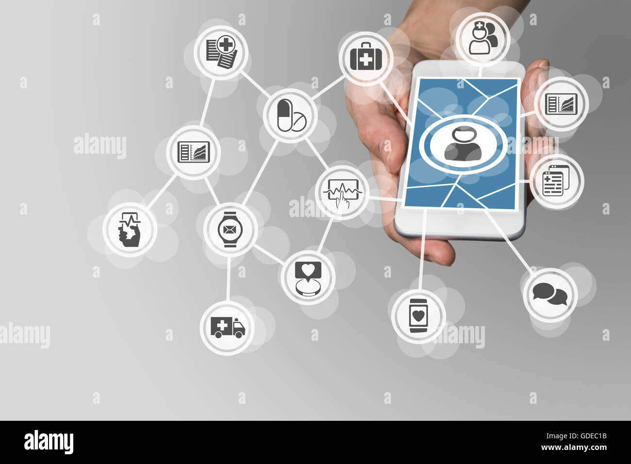 Digitale e-Healthcare um Patienten zu medizinischen Diensten per Smartphone verbinden Stockfoto