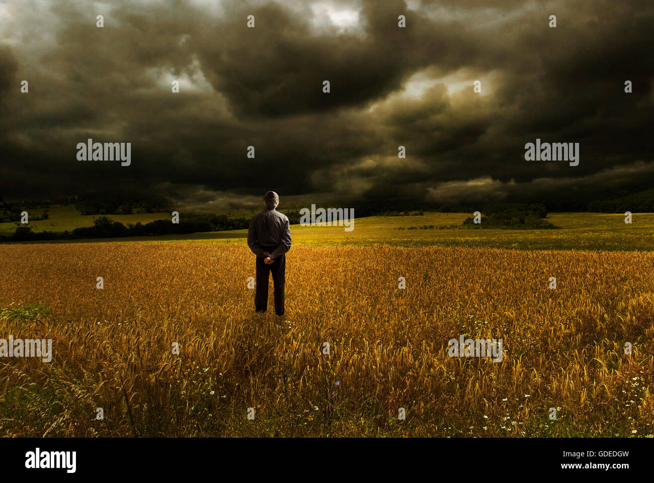 Mann steht auf einer Wiese mit einem stürmischen Himmel weit entfernt schwierige Zeiten kommen Stockfoto