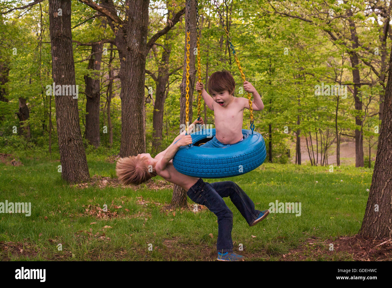 Zwei Jungen spielen auf Reifen Schaukel im Wald Stockfoto