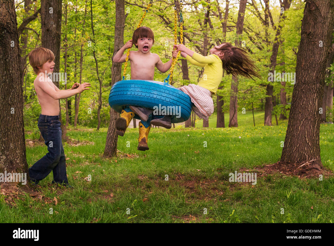 Drei Kinder spielen auf Reifen Schaukel im Wald Stockfoto