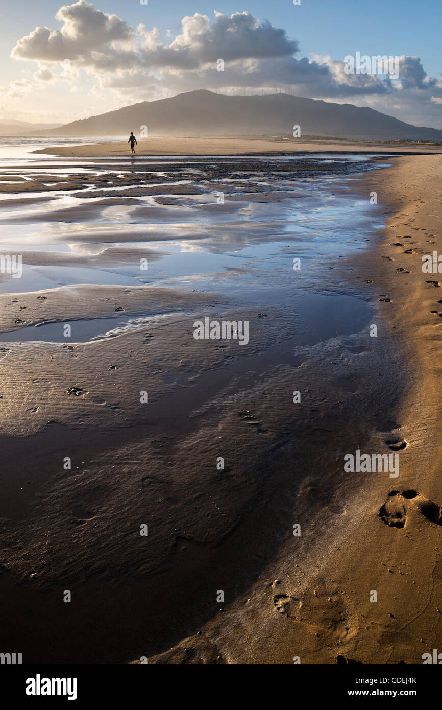 Silhouette des entfernten Person zu Fuß am Strand Los Lances, Tarifa, Andalusien, Spanien Stockfoto