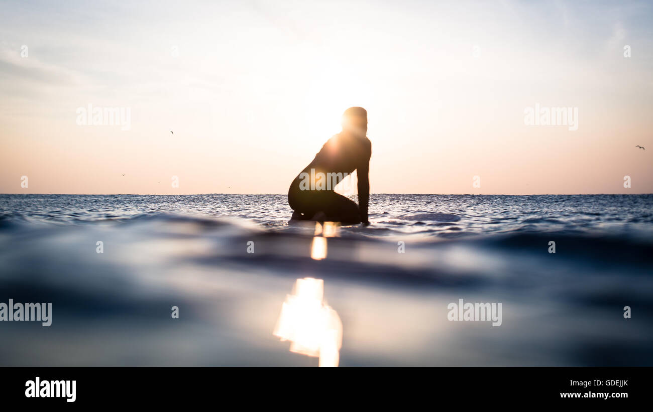 Silhouette einer Frau sitzen auf Surfbrett im Ozean, Malibu, California, Amerika, USA Stockfoto